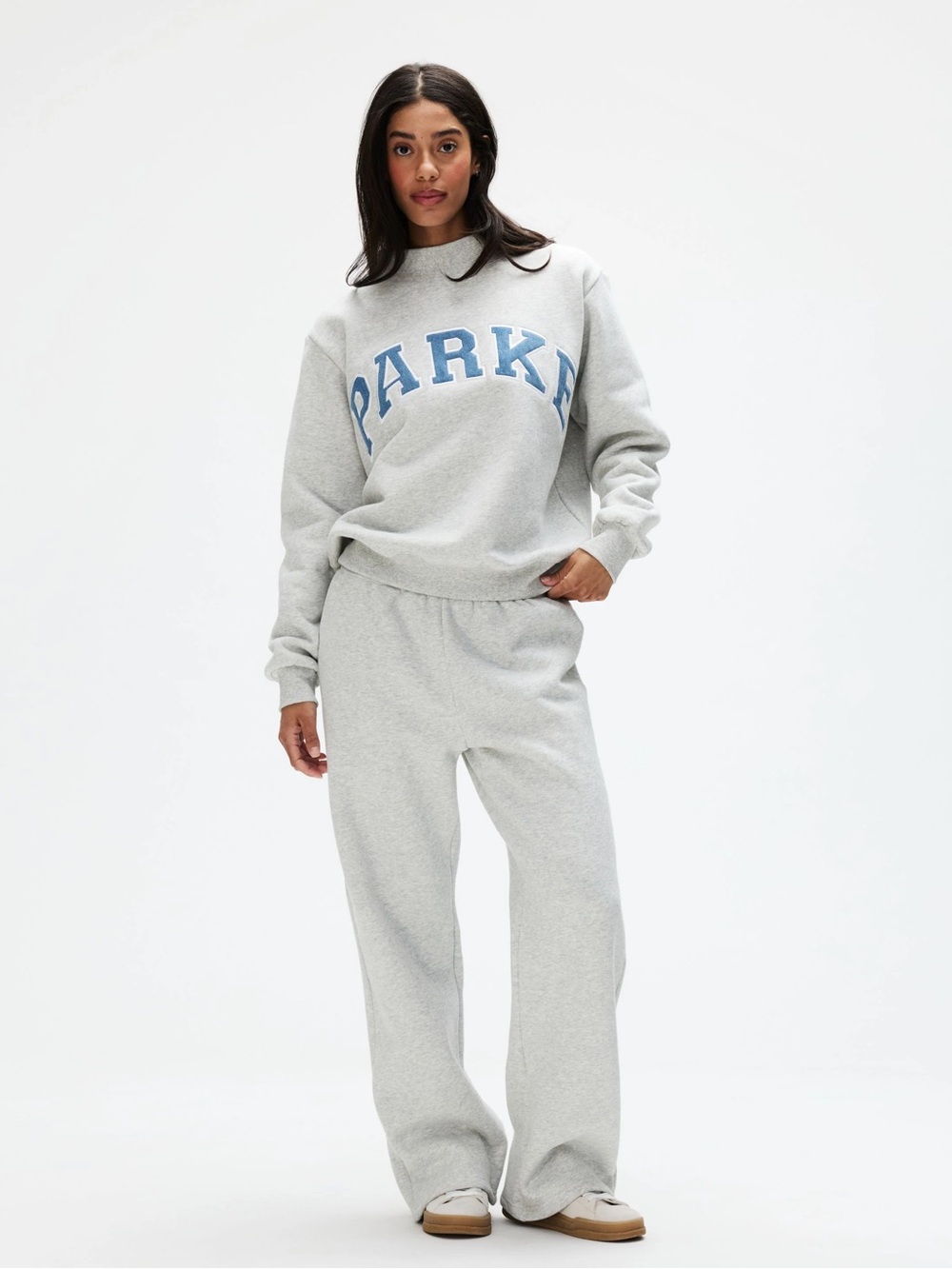 NWT Parke Light Gray OG Varsity MOCKNECK Sweatshirt with DENIM letters